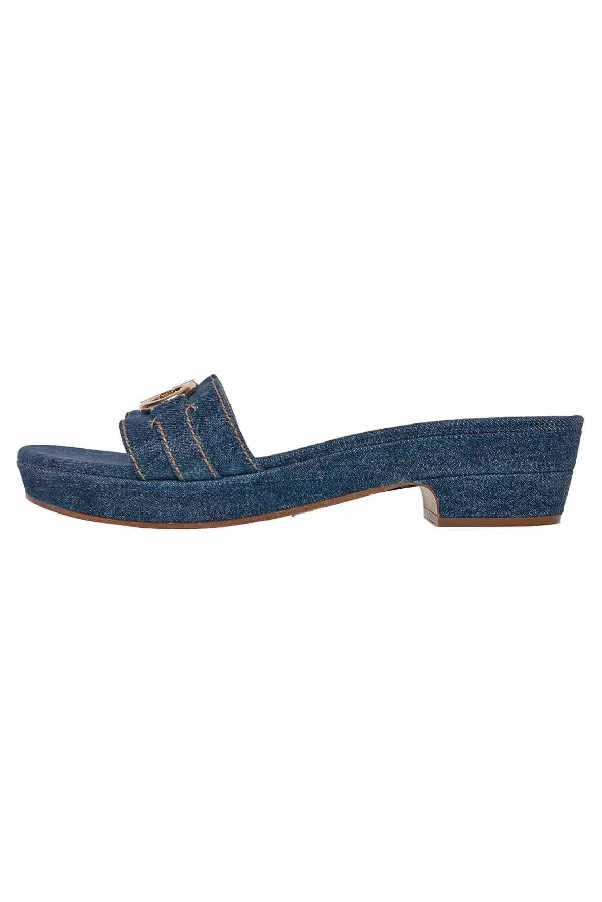 Salvatore Ferragamo Size 10 Gancini Buckle Denim Slide Sandals