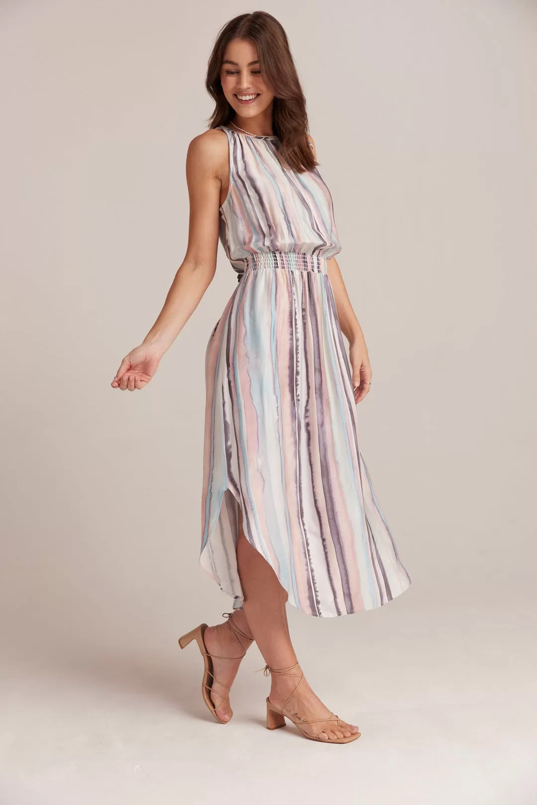 SLEEVELESS SMOCKED WAIST MIDI DRESS