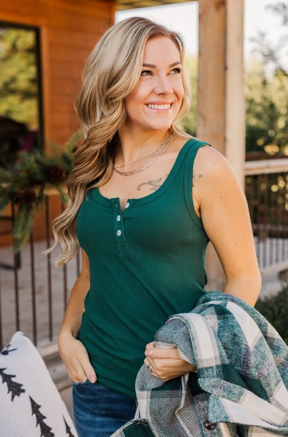 Uplifting Spirits Button Henley Tank Top- Wintergreen