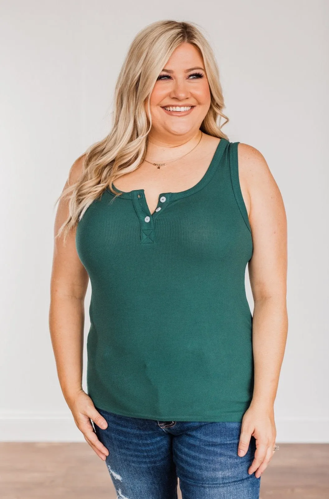 Uplifting Spirits Button Henley Tank Top- Wintergreen