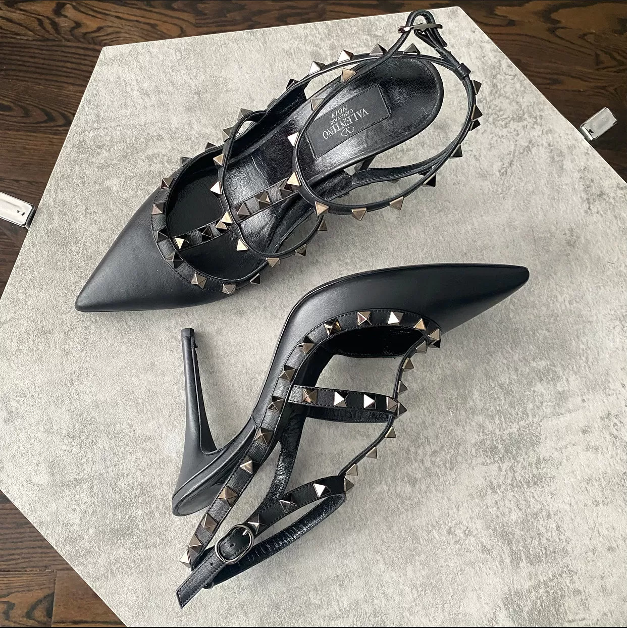 Valentino Noir Black Leather Rock Stud High Heels - USA 7